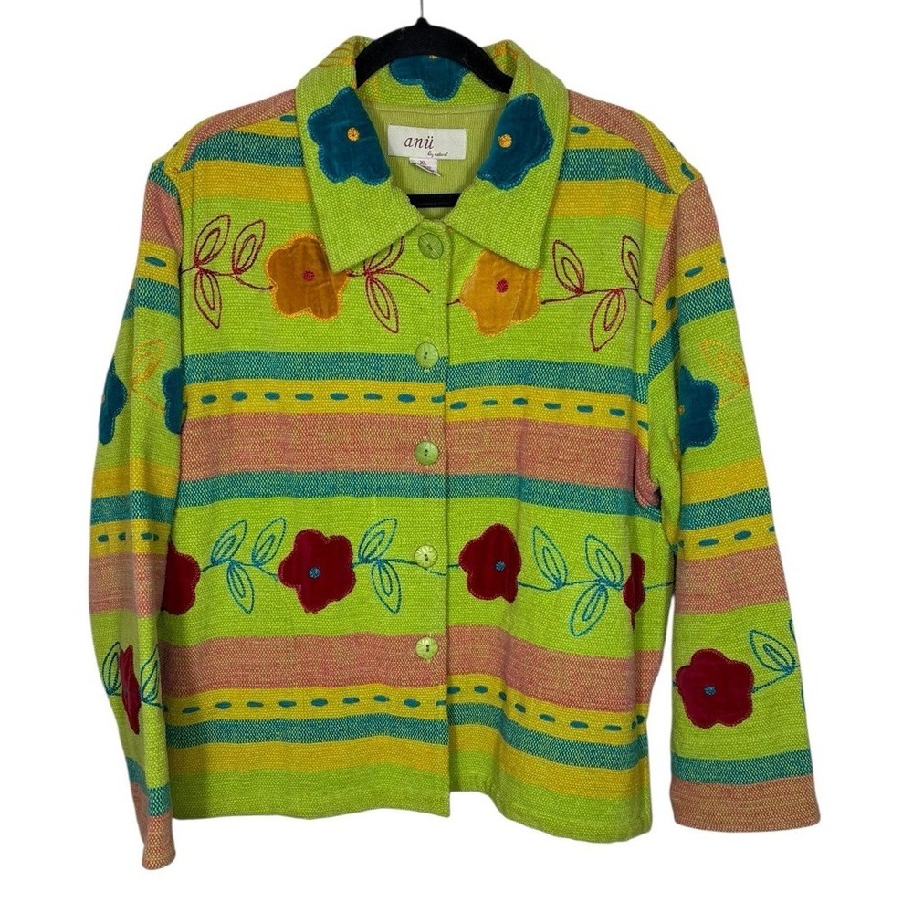 Anu By Natural Embroidered Colorful Blazer Jacket‎ XL Whimy Artsy Art To Wear